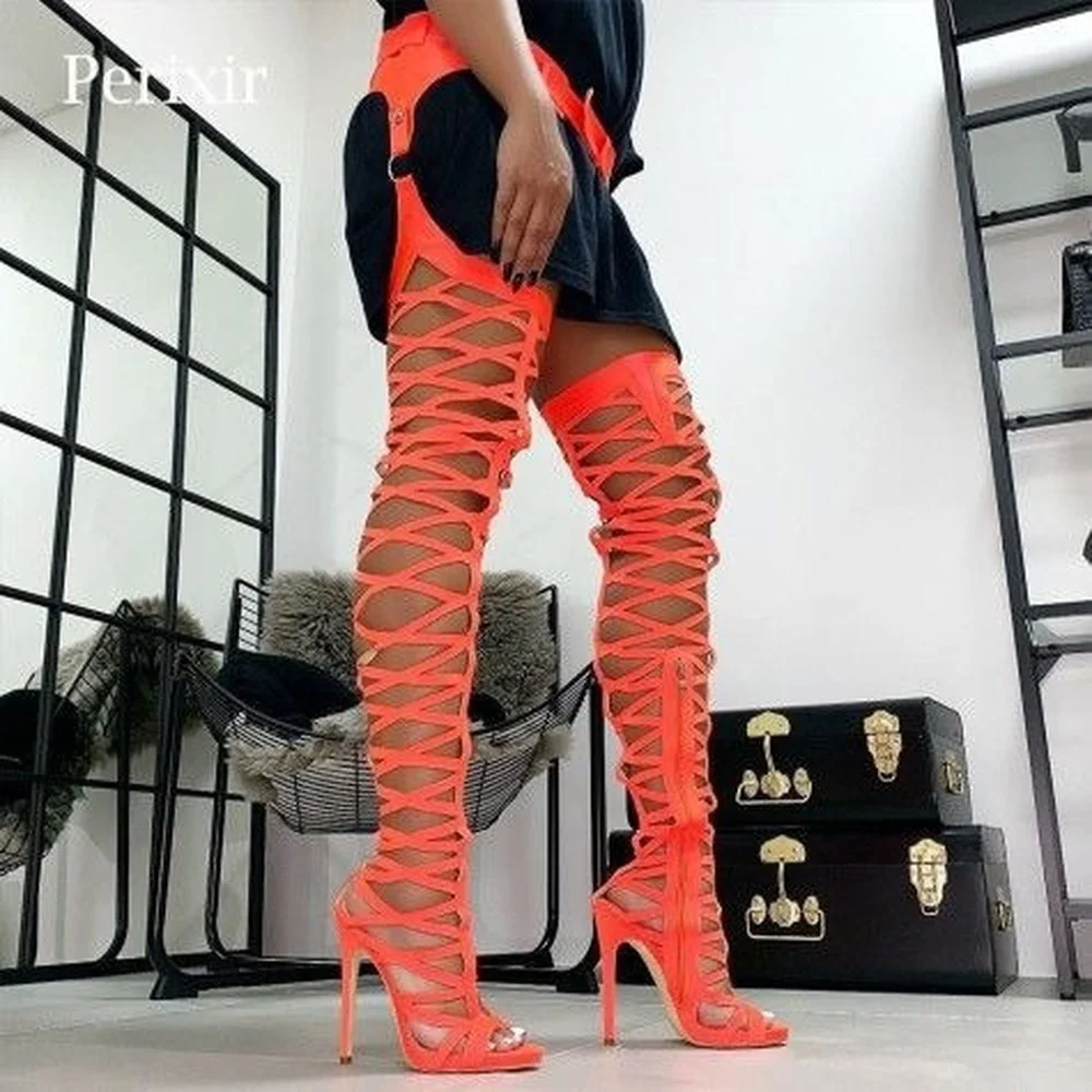 

High Heels Hollow Out Thigh High Boots Open Toe Strappy Sandals Clubwear Womens Gladiator 5Colors Plus Size 2023