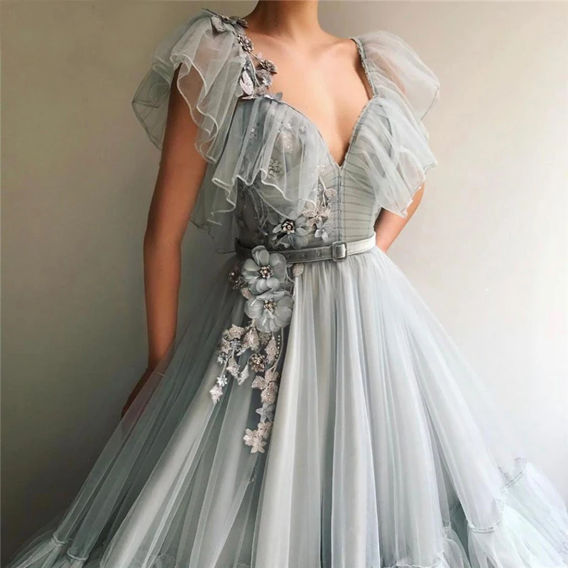 Latest Design Grey V-Neck Sexy Evening Dresses 2020 Sleeveless A-Line Handmade Flowers Formal Dress (3)