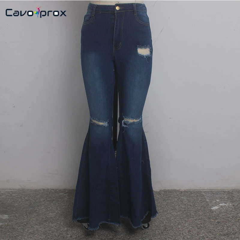 Для женщин Высокая Талия облегающее потертые рваные джинсы-Клеш Джинсы из денима облегающие подходят однотонные синие облегающие скини шик Большие джинсы