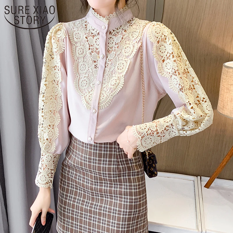 

New 2021 Sweet Korean Style Blouse Women Stand-up Collar Bottoming Shirt Crochet Hollow Lace Stitching Puff Sleeve Tops 12901