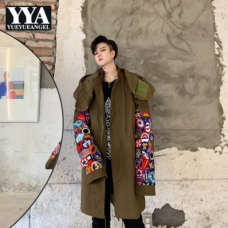 Дизайнерский бренд, новинка, высокое качество, вышивка, мужские тренчи со стоячим воротником и капюшоном, повседневные, негабаритные, свободные мужские пальто средней длины