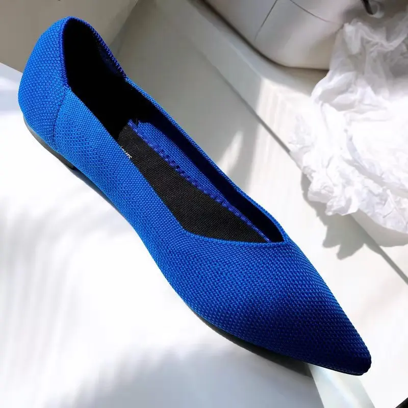 Женские туфли на плоской подошве с острым носком; нескользящие лоферы с мягкой подошвой; вязаные повседневные туфли без задника; удобные мокасины - Цвет: Синий