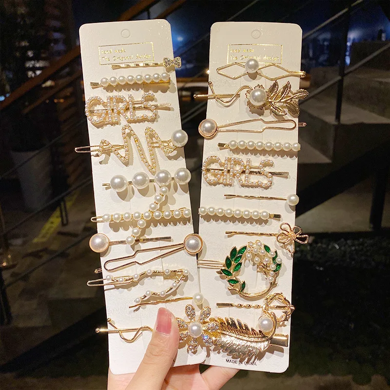 

2020 Personality Highlights Heavy Metal Pearl Hairpin Set Fashion Women's Side Clip One Word Clip Girl Hair Accessories B15