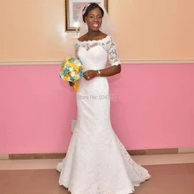 Сексуальные свадебные платья русалки, кружевное платье с аппликацией, вырез лодочкой, короткий рукав, длина до пола, свадебное платье на шнуровке, белое свадебное платье