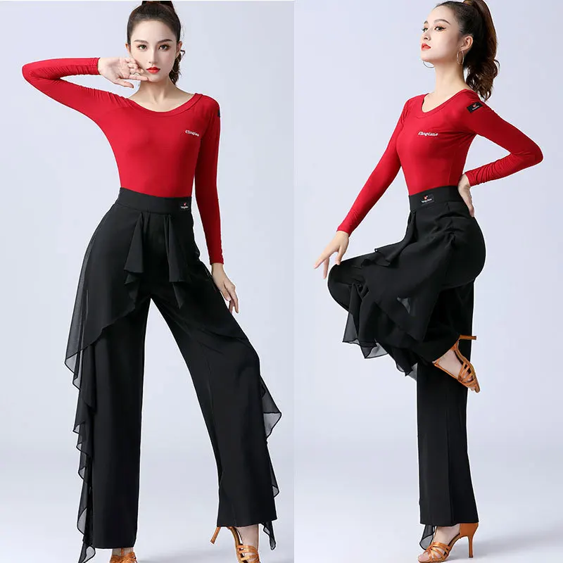 Latin Dance Pants Practice Ballroom Dance Wide-Leg Pants Modern Women's High Waist Ruffle Wide 5XL dance pants