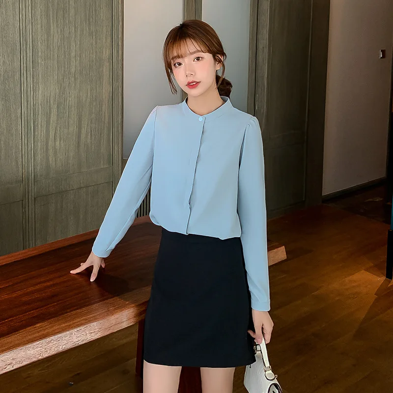 

New Professional White Shirt female round-necked chiffon shirt long-sleeve temperament jacket design feeling small trend