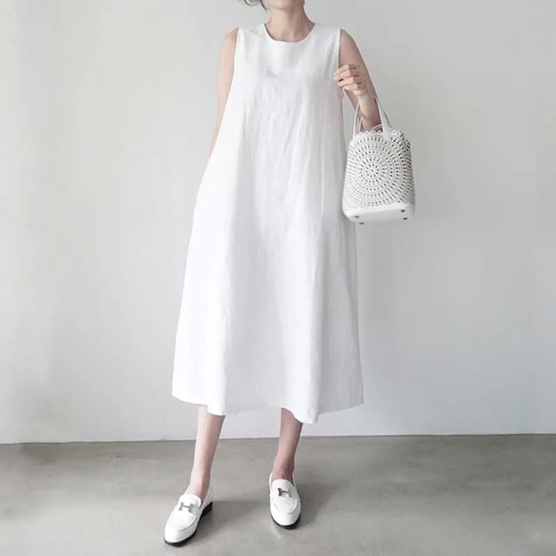 Plus Size Cotton Linen One-Piece Dress 2020 New Summer Women Loose Sleeveless Elegant Dress Korean Holiday Dress Vestidos Female