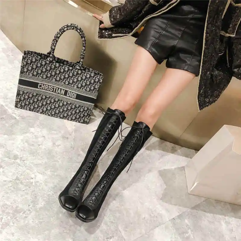 ASUMER new arrive genuine leather boots zipper&lace up high knee boots women shoes square low heels winter boots