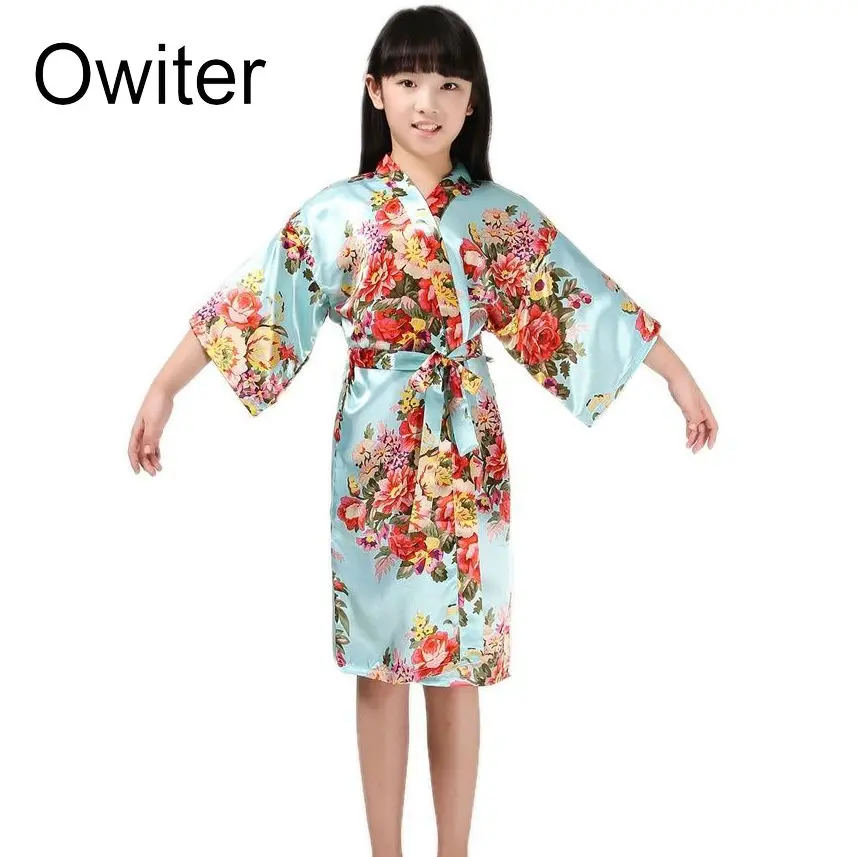 Flower Girl Robes Floral Satin Silk Bridal Kids Kimono Robe Party Child