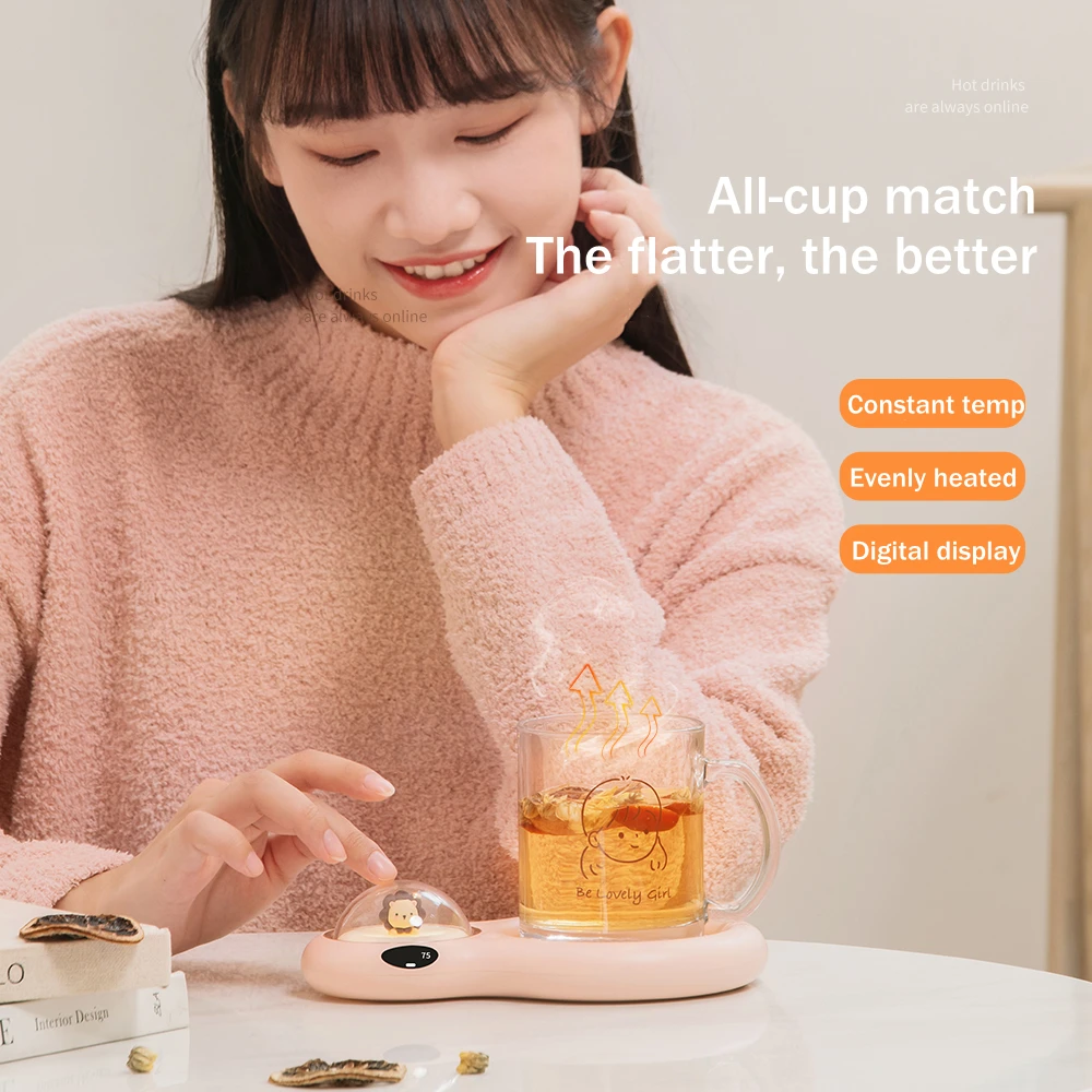 Cartoon Cup Heater Drink Warmer Coaster 55 Degrees Thermostat with Digital Display Heating Beverage Mugs Mat for Milk Coffee Tea