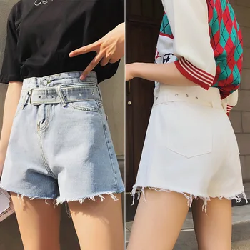 

White Jeans Shorts Women Summer New High-waist Wide-leg Shorts 2019 Streetwear Boyfriend Frayed Belt Shorts
