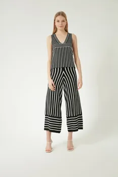 

STRIPE DOUBLE BREASTED COLLAR WITH BELT KNITWEAR JUMPSUIT