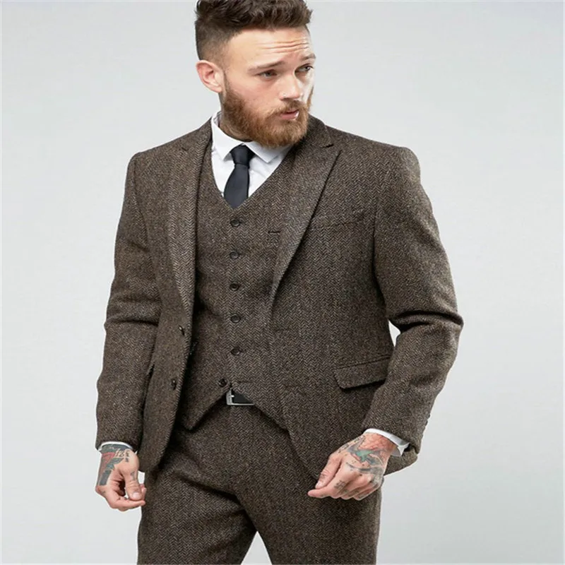 New Custom Made Costume Homme Ternos Slim Fit Winter 3 Piece Men Suits Business Groom Tuxedos Wedding Tweed Suit