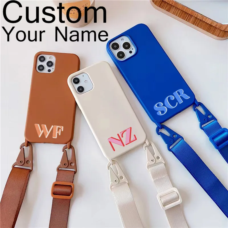 Caixa de Telefone com Letras Maiúsculas Personalizada com Alça Cordão para Iphone 14 Pro 13 se Plus xr xs Max 11 12 13 14 Pro Max 2023