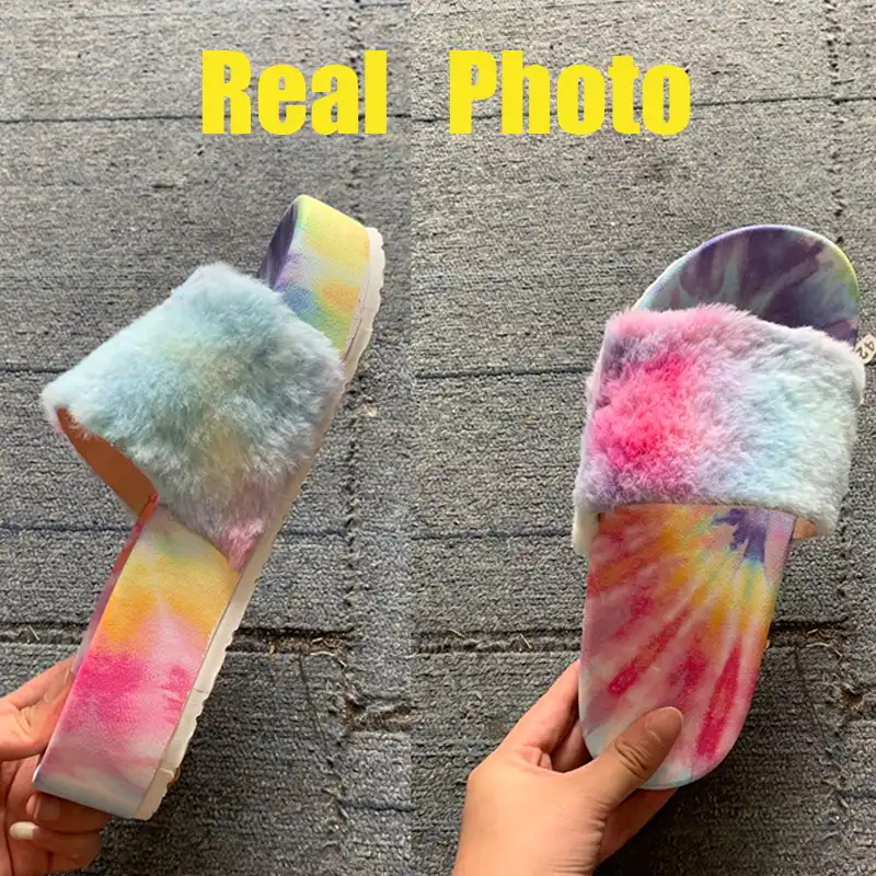 multi coloured fur sliders