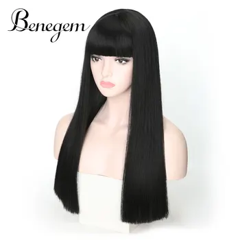 

Benegem Synthetic Long Wig with Bangs Black Straight Cosplay Wig Costume 22 inch 55 cm Non-Lace Heat Resistant Women Party Wig
