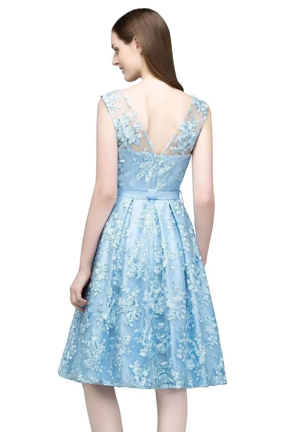 Sexy Illusion Lace Short Cocktail Dresses Sky Blue Backless Bowknot Party Dresses With Ribbon Sashes Robe De Cocktail