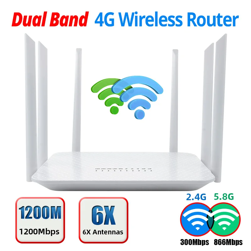 Wireless 1200Mbps 5G WiFi Router 4G SIM Card 2.4G&5.8GHz Dual Band Wireless 4G WIFI Router With SIM Card Slot High Gain Antennas 