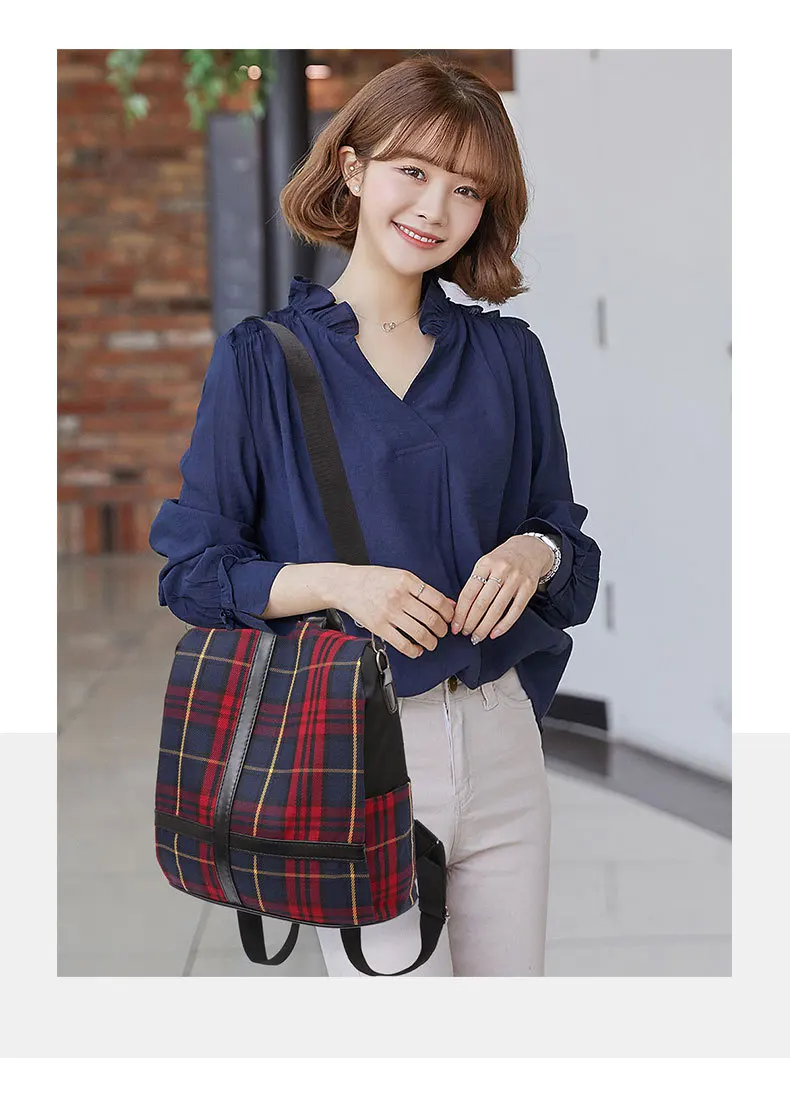 Female Red Plaid Backpack Purse Anti Theft Canvas Casual Backpack for Women 2019 Small Travel Backpack Bag School Girls Rucksack (11)