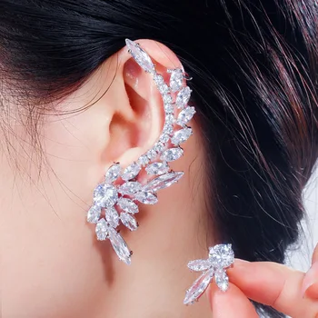 

CWWZircons Asymmetric Feather Shape Shiny Cubic Zirconia Long Big Ear Cuff Stud Earrings for Women Fashioin Party Jewelry CZ626