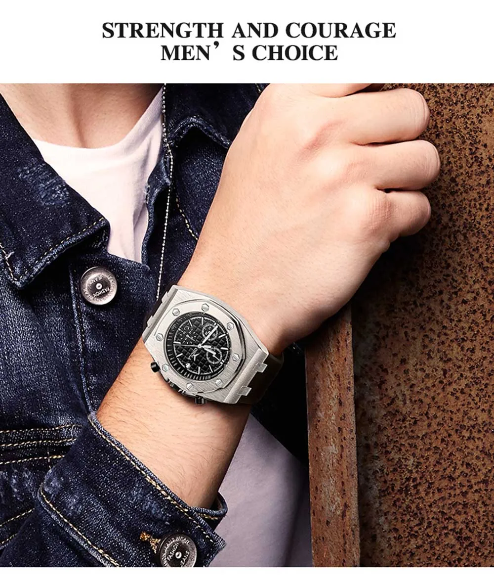 Fashion Classic Quartz Men watch Chronograph Waterproof Rubber Belt Date Wristwatch Rose Gold Metal Watch