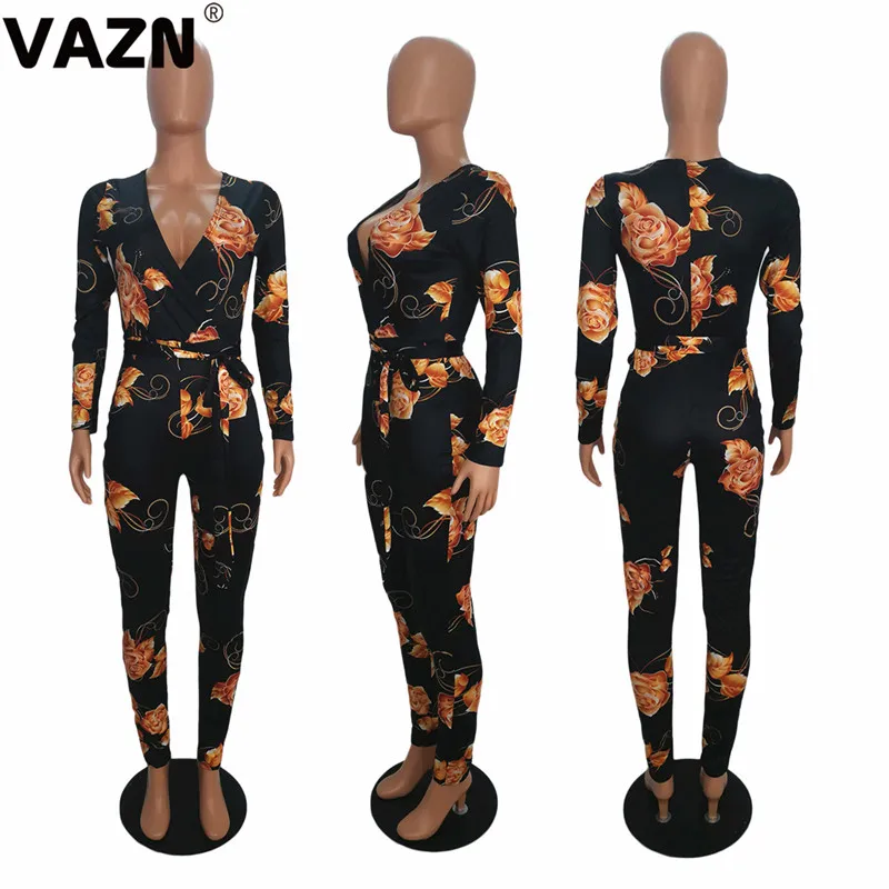 VAZN SH7119 новые черные высококачественные сексуальные брюки модные с v-образным вырезом с длинным рукавом с высокой талией женские длинные брючные комбинезоны