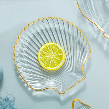

Simple Transparent Glass Gold Edge Plate Bowl Marine Shell Shape Tableware Modern Household Fruit Plate Salad Bowl Snack Plate