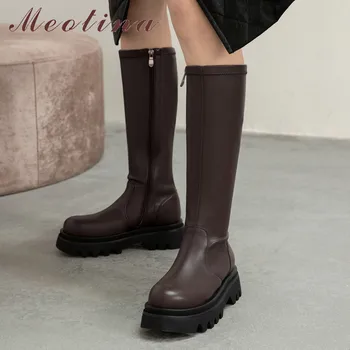 

Meotina Women Knee High Boots Shoes Real Leather Platform Block Heels Stretch Boots Round Toe Zip High Heel Long Boots Brown 40