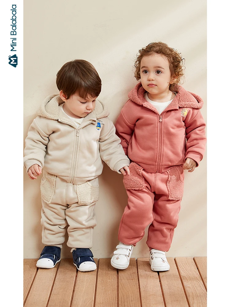 Minibalabala Baby long sleeve suit boys and girls baby quilted plus velvet two-piece suit 2019 wint