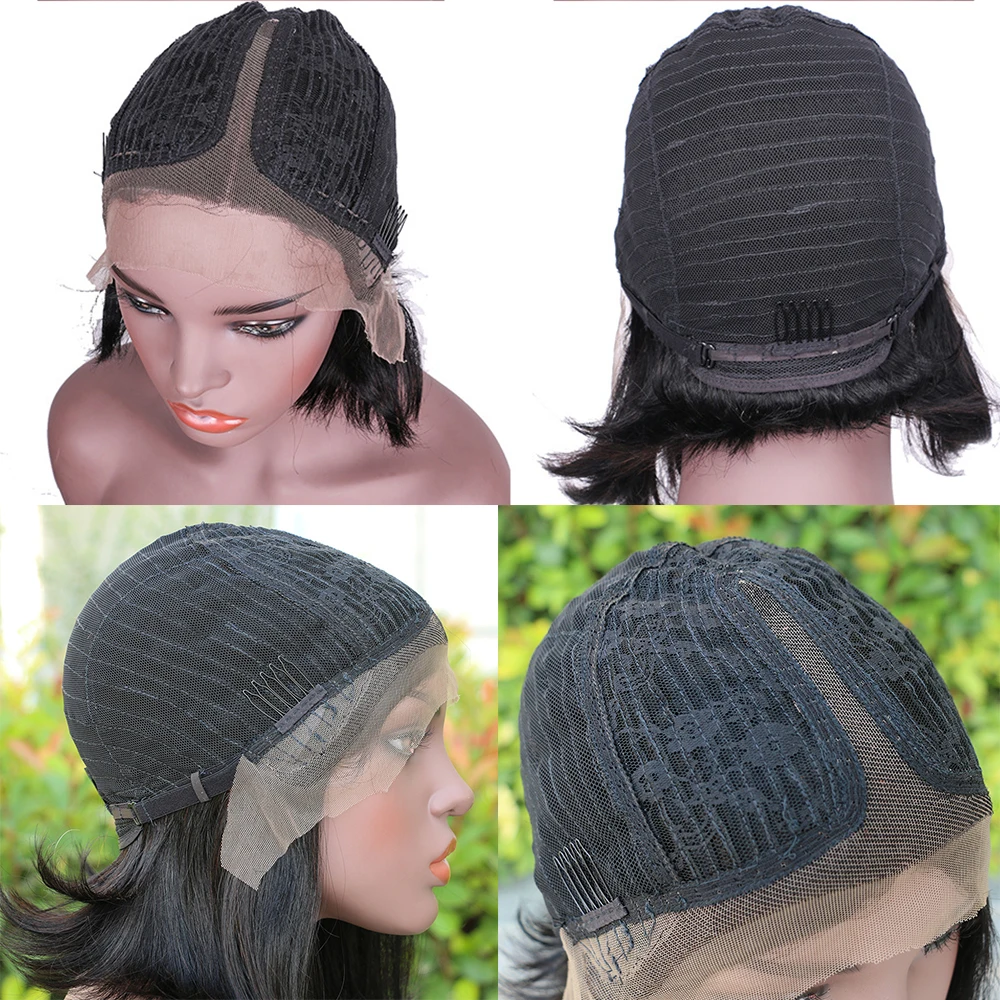 Peruvian 13*1 lace frontal wig straight short bob human hair wig for black women 150% density Middle part 8 10 12 14inch remy