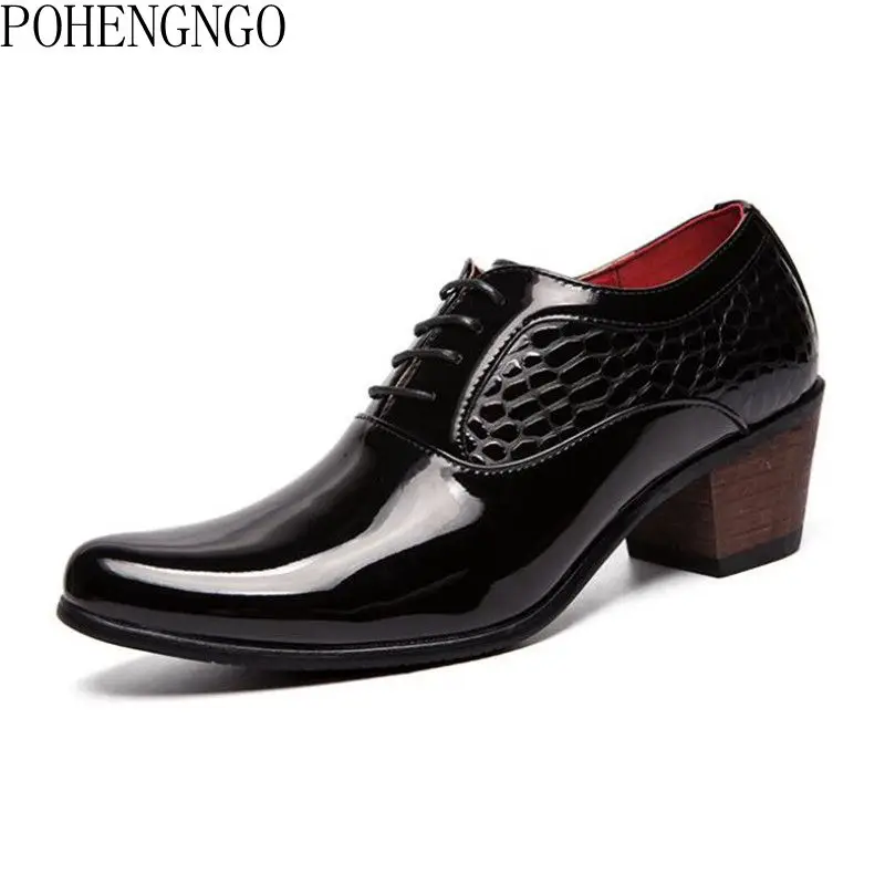 

Luxury Classic Mens Brogues Black Oxfords Dress Shoes Pointed Toe High Heels Male Formal Footwear Wedding Party Chaussure Homme