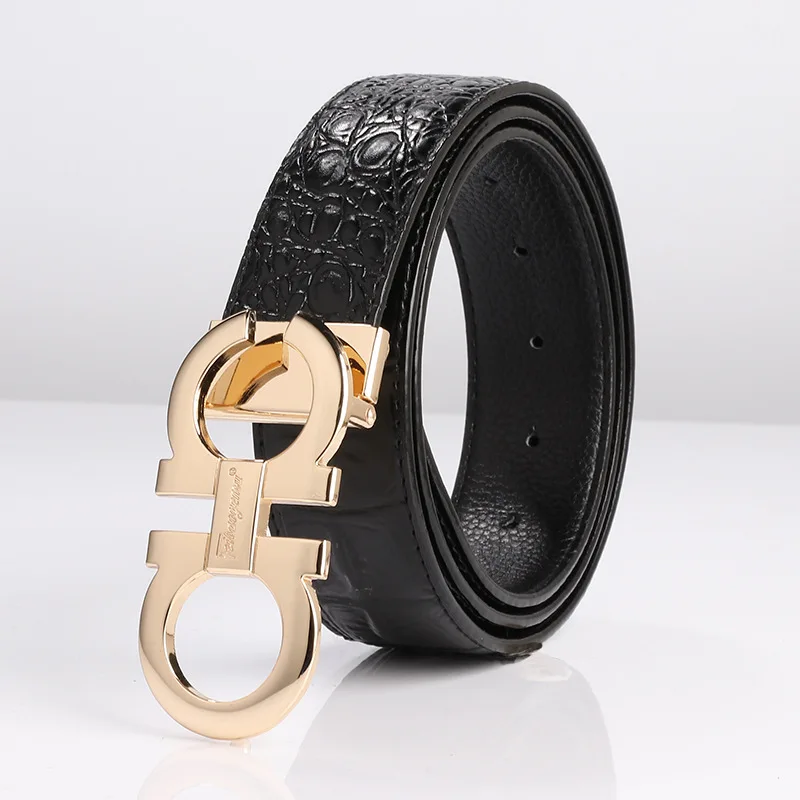 

Direct-selling men's genuine leather H belt, alligator pattern smooth buckle belt, two-layer leather, embossing and step-on ZL