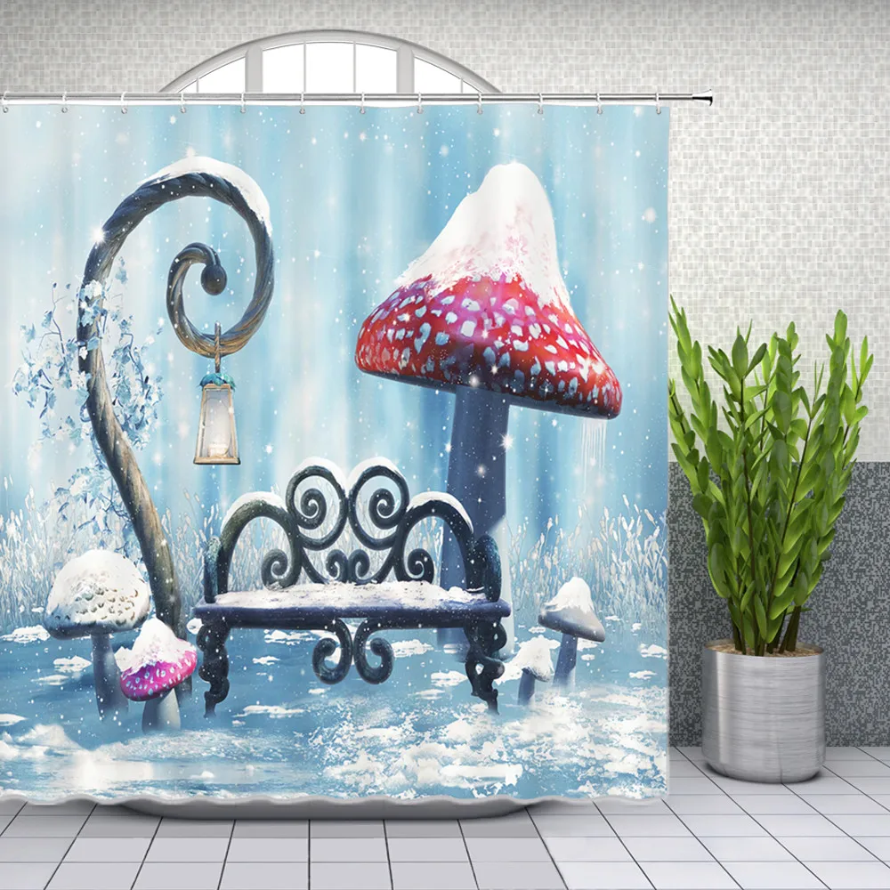 Fantasy Forest Scenery Shower Curtains Creativity Mushroom House Flower Butterfly Bathroom Decor Waterproof Bath Cloth Curtain