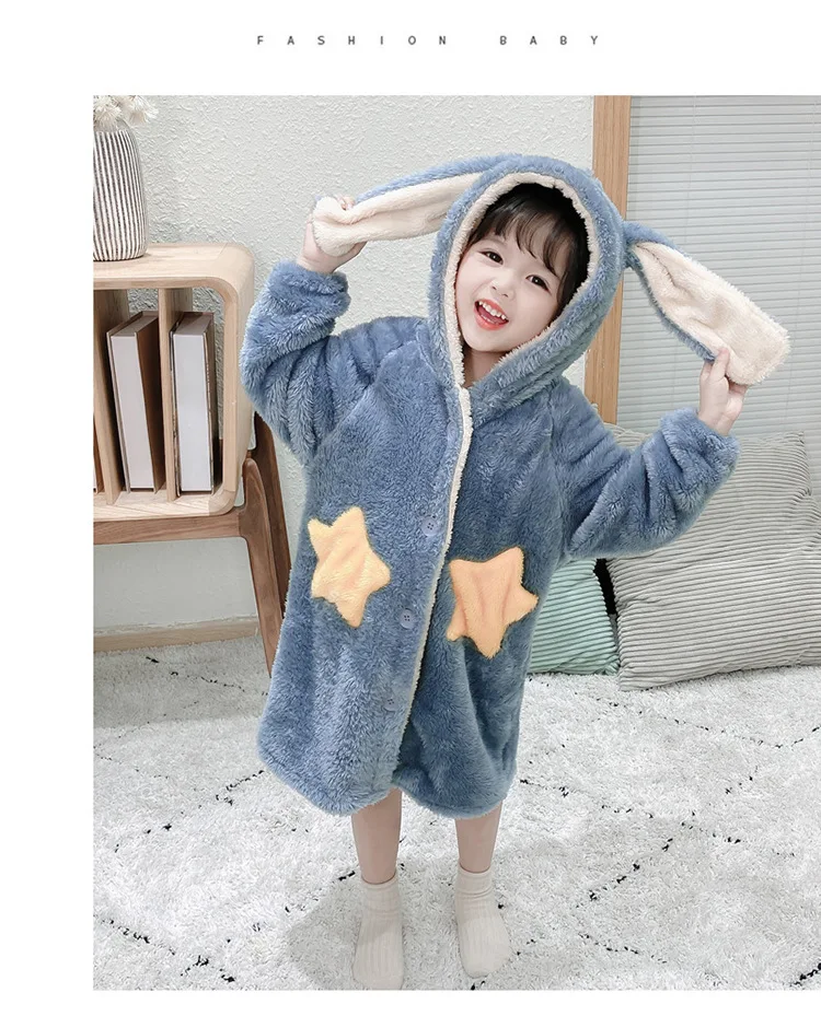 Boys Girls Children Winter Pajamas Hooded Cartoon Bathrobe Princess Flannel Robe Set Kids Sleepwear Coral Velvet Home Clothes