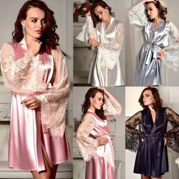 

Women Sexy Lingerie Elegant Long Sleeve Perspective Lace Flower Bathrobe Solid Deep V Bandgae mini Silk Robe lady Nightgown