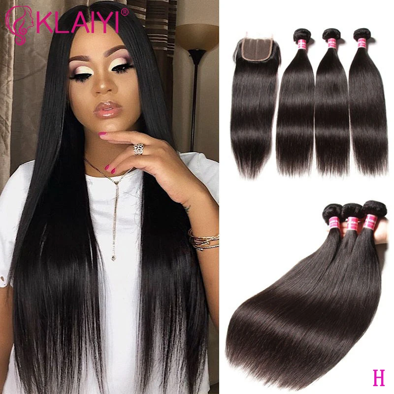 

KLAIYI HAIR Malaysian Straight Hair Bundles With Closure 100% Human Hair Extension 3 Bundles With Closure Remy Hair FreeShipping