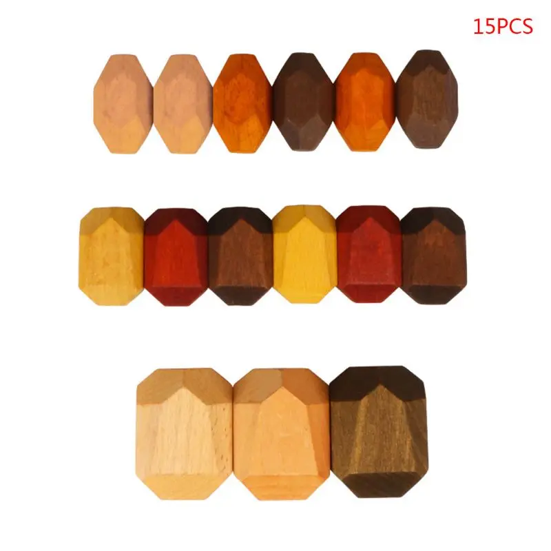 

15 Pcs Children Wooden Colored Stone Stacking Game Building Block Kids Toys Gift