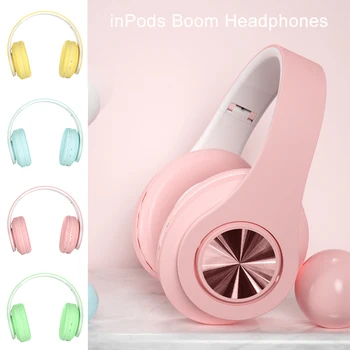 

inpods Boom Portable Wireless Headphones Bluetooth Stereo Foldable Headset Pink Audio Mp3 Adjustable Earphones with Mic Music
