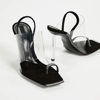 

2020 fashion summer new high-heeled women's shoes square head rhinestones with open toe fine heel transparent rubber sandals lar
