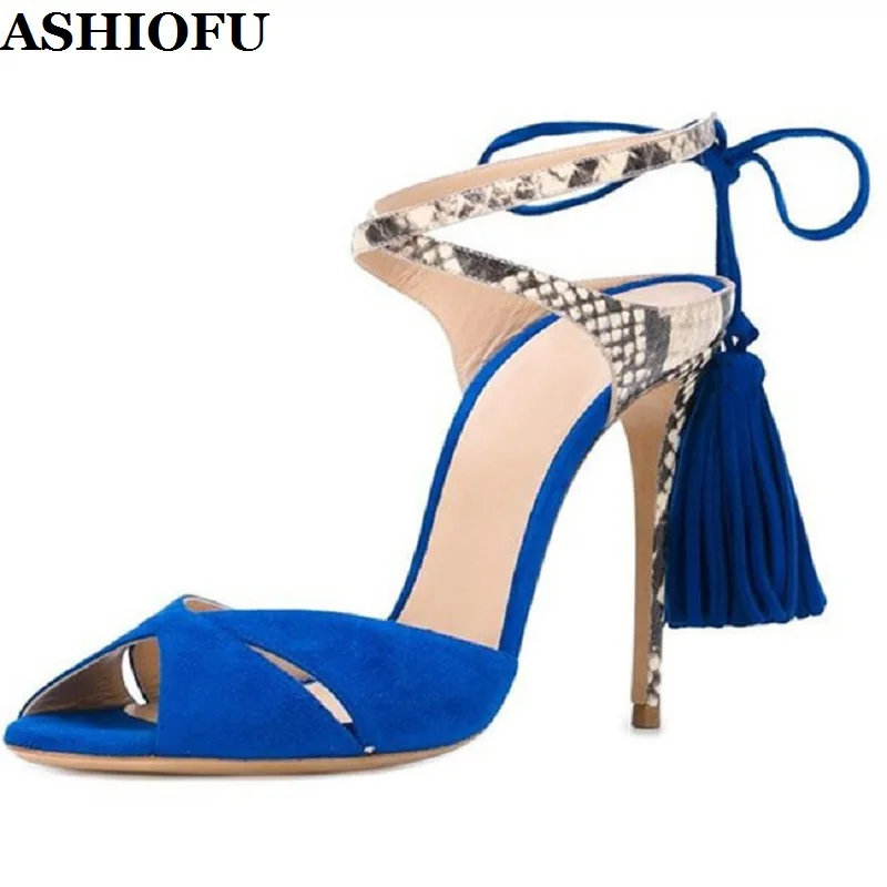 

ASHIOFU Handmade Hot Sale Ladies High Heeled Sandals Fringed&Tassels Party Prom Summer Shoes Sexy Evening Fashion Sandals Shoes