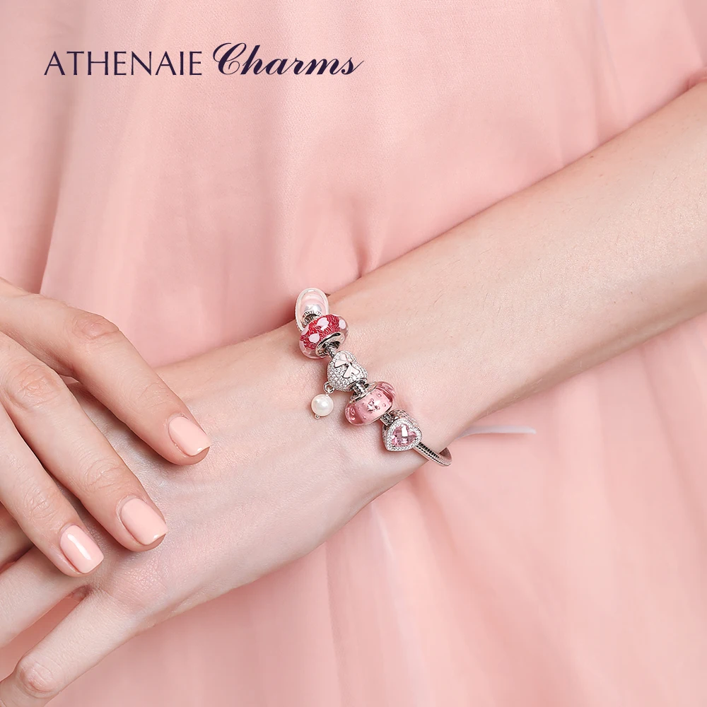 ATHENAIE 925 пробы серебряные Сияющие шармы в виде сердец бусины проложить опалесцирующий розовый кристалл и прозрачный CZ Fit Браслеты для женщин Рождество
