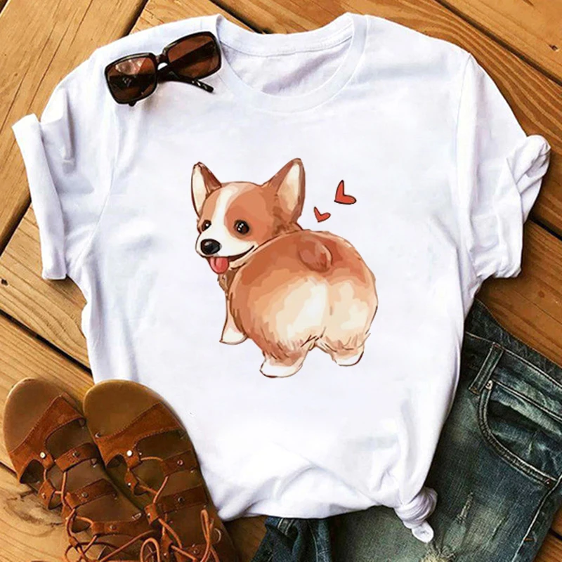 Maycaur-Camiseta con estampado de perro Corgi para mujer, ropa Harajuku Kawaii de los años 90, camisetas de manga corta, camisetas gráficas para mujer