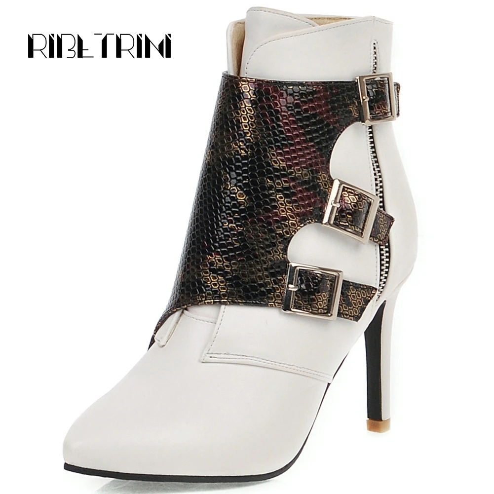 

RIBETRINI Ladies Fashion Patchwork Boots Punk Fretwork Decorating Pointed Toe Ankle Boots Women Thin High Heels Shoes Woman