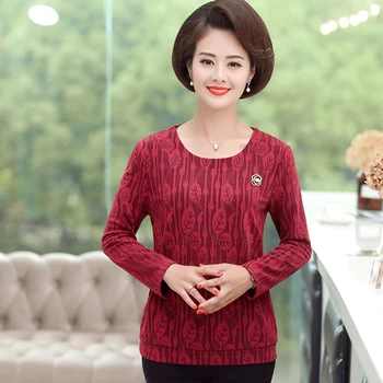 

Long Sleeves Bottom Shirt Tops Women T-Shirts Spring Fall New Plus Size Middle Age Mother Clothing O-Neck Printed Tee Pullover