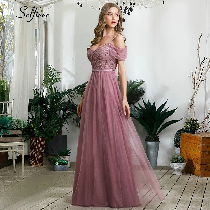 Elegant Laides Party Dress A-Line V-Neck Spaghetti Straps Sequined Short Sleeve Maxi Women Dress Sparkle Formal Gown Robe Femme