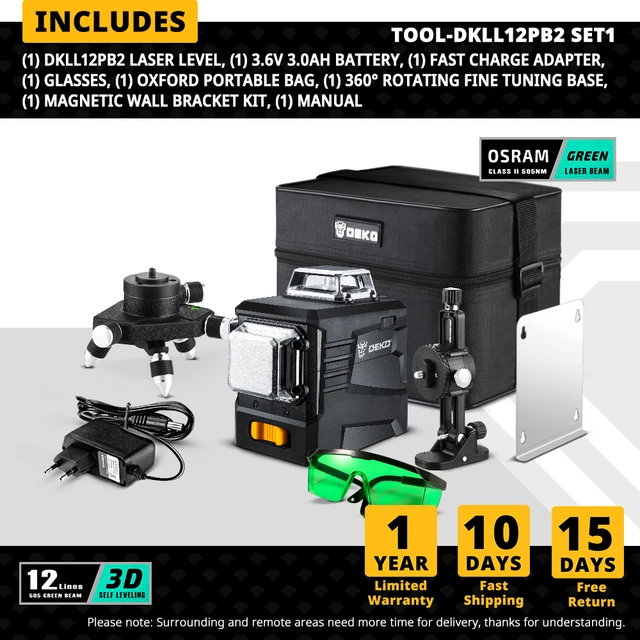 DEKO DC Series 12 Lines 3D Green Laser Level Horizontal And Vertical Cross Lines With Auto Self-Leveling, Indoors and Outdoors DKLL12PB2 SET1