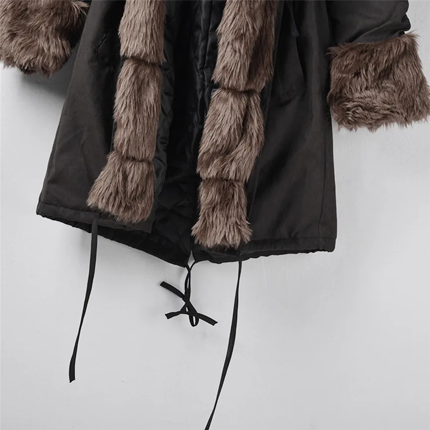 Womens Faux Fur Winter Jacket Parka Hooded Coat Fishtail Long Sleeves Overcoat Cotton Fleece Female Parkas Plus Size M-3XL