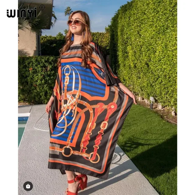 Africa Fashion Blogger Recommend Popular printed Silk Kaftan Maxi dresses Loose Summer Beach Bohemian kaftan long dress for lady 16