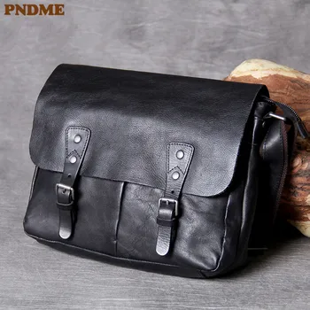 

PNDME casual luxury high quality genuine leather men's work messenger bags vintage natural cowhide designer black shoulder bag