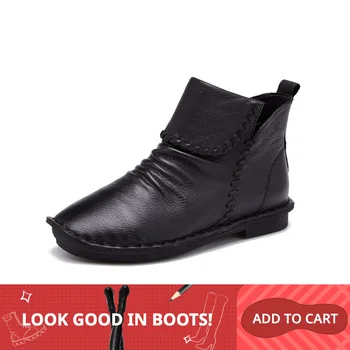 

Fujin 2020 Genuine Leather Women Boots Fashion slip on Handmade Round Toes Low Heel Ankle Boots autumn winter snow boots